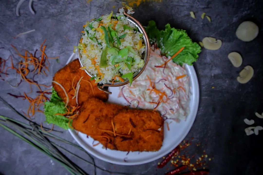 Fried Rice with Vegetable, Fish Fillet, Chicken Masala